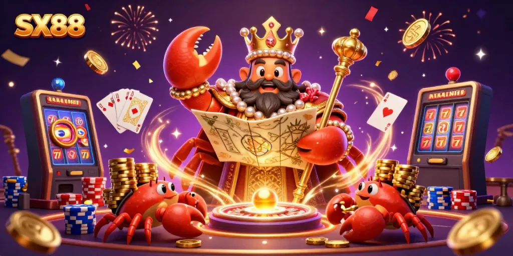SX88 reveals a vibrant casino scene showcasing a golden crab emperor, roulette wheel, and festive atmospherics.