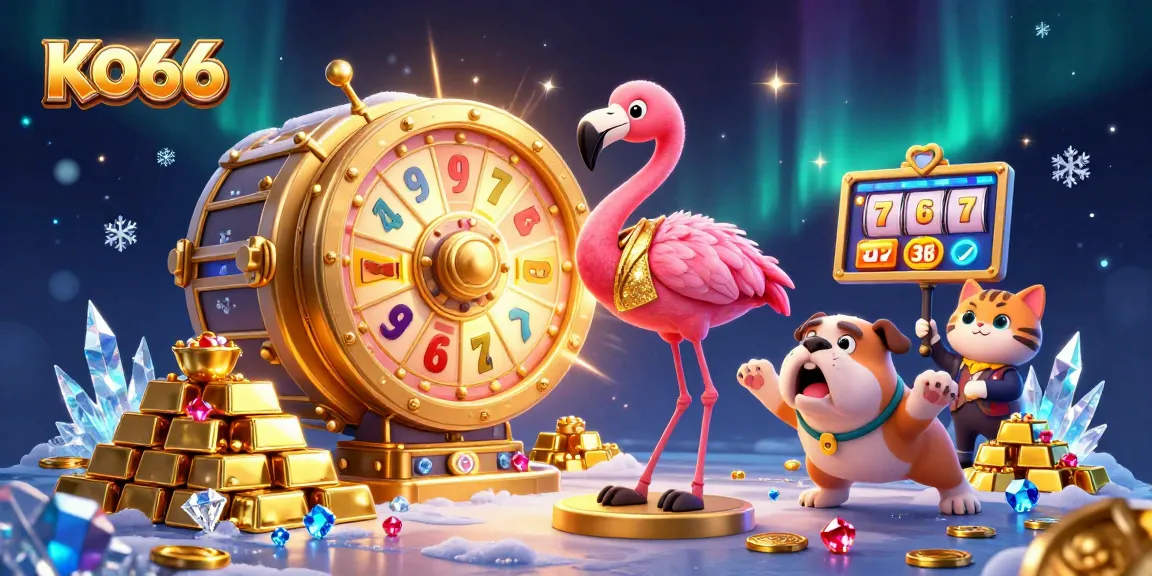 Experience the excitement of KO66 with a vibrant casino illustration featuring a game show host flamingo and more!