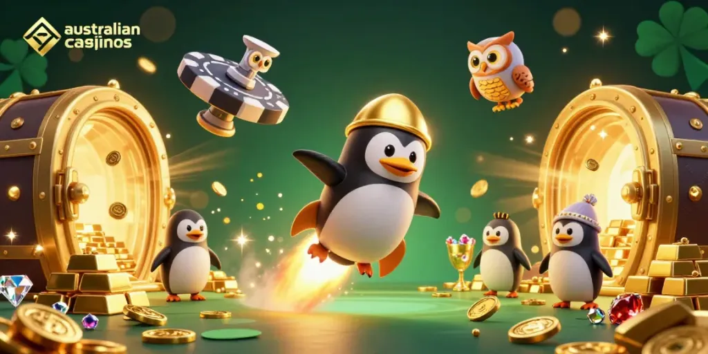 Experience the thrill of australian crypto casinos with a vibrant 3D scene featuring a golden penguin and rich casino symbols.