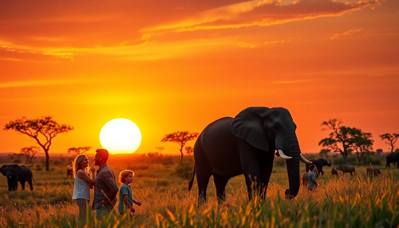 Experience the beauty of a Tanzania safari and Zanzibar beach with a family observing wildlife during sunset.