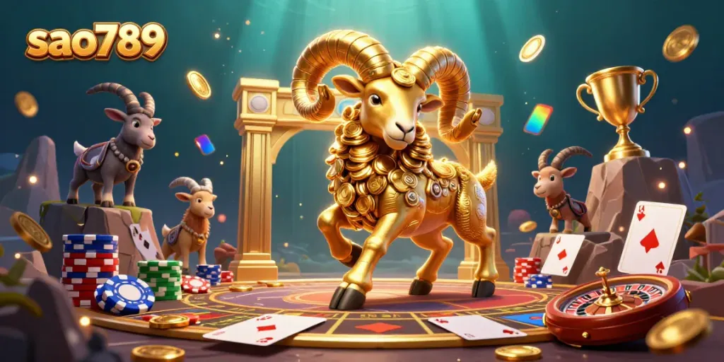 Engaging scene of sao789 with a golden ram and card game elements in a vibrant casino setting.