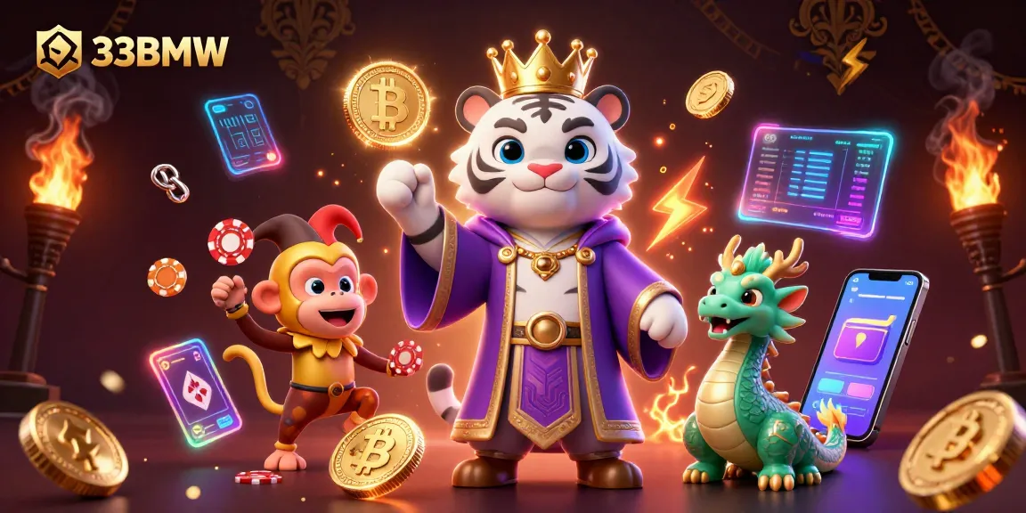 Experience thrilling 33BMW gaming with a vibrant scene of a magical tiger, monkey, and dragon amidst neon crypto elements.