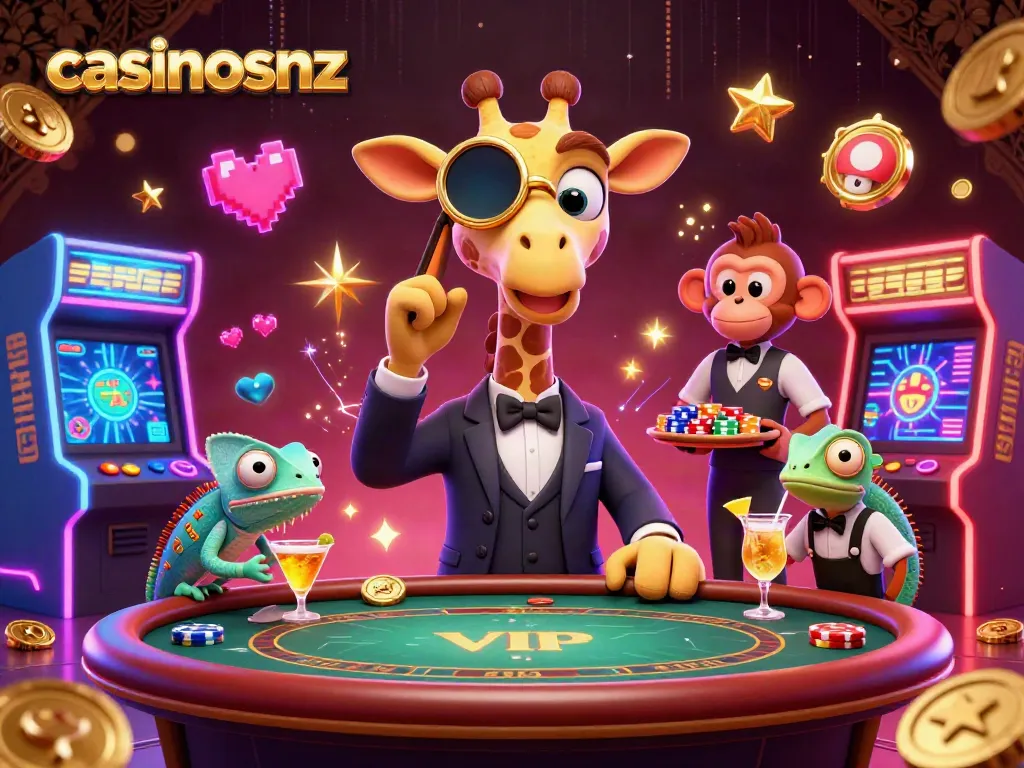 Engage with casinosnz through a dynamic scene of a giraffe playing poker and a chameleon mixing cocktails.
