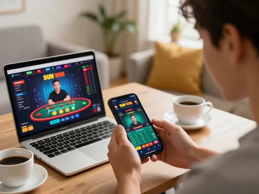Engaging player exploring SUN WIN app for live dealer games on their smartphone in a cozy home