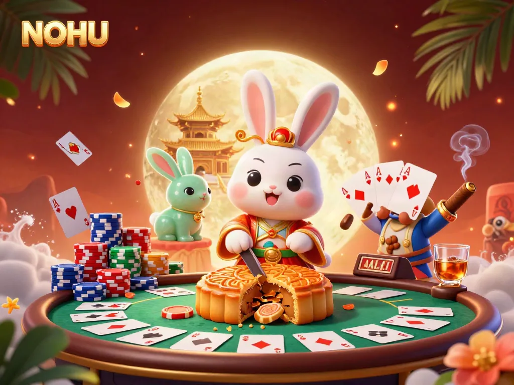 Experience thrilling gameplay in NOHU, where a moon rabbit reveals poker chips hidden inside mooncakes in a vibrant casino setting.