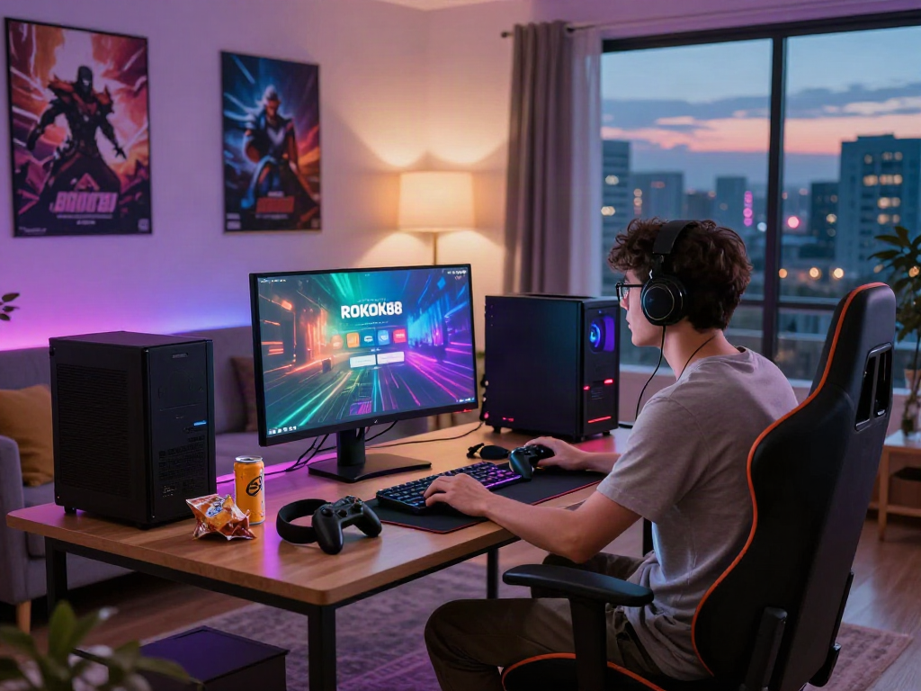 Gamer focused on ROKOK88 login screen in a vibrant gaming setup