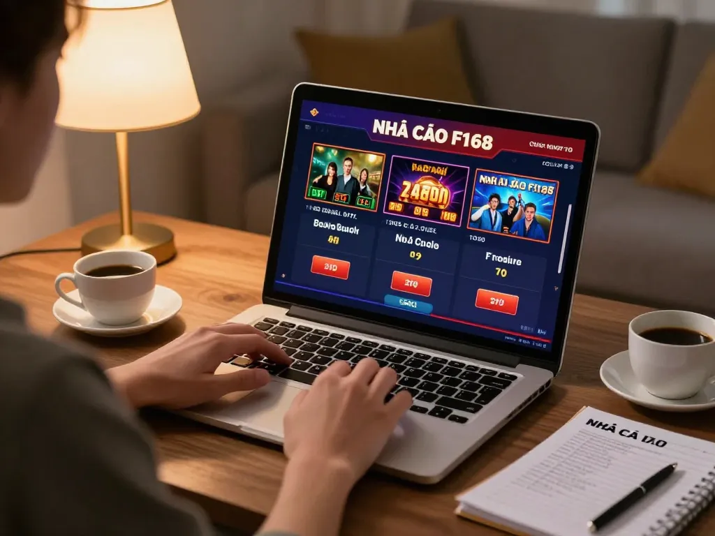 Engaging online gaming scene at NHÀ CÁI F168, showing a player using a laptop in a cozy environment