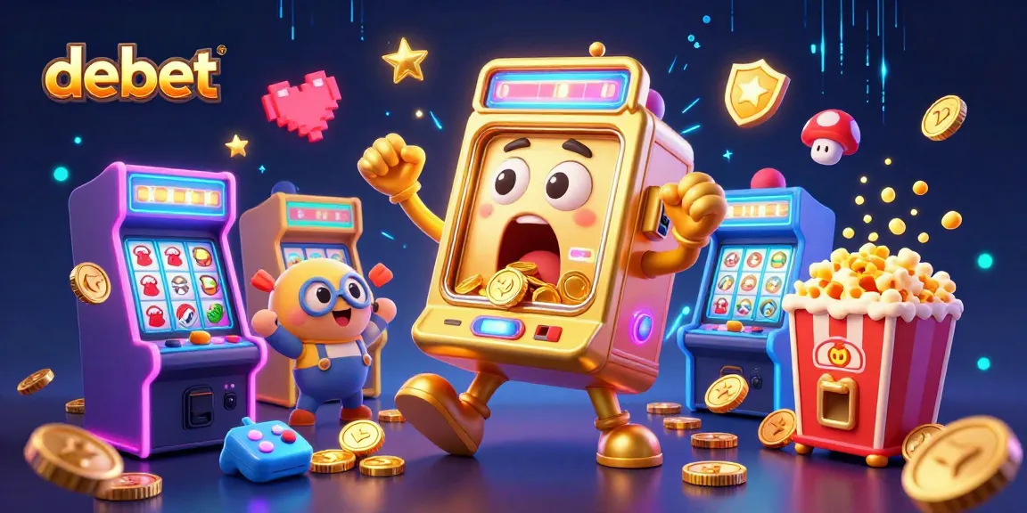 Experience the thrilling debet golden slot machine hitting a jackpot surrounded by colorful arcade game elements and cheering characters.