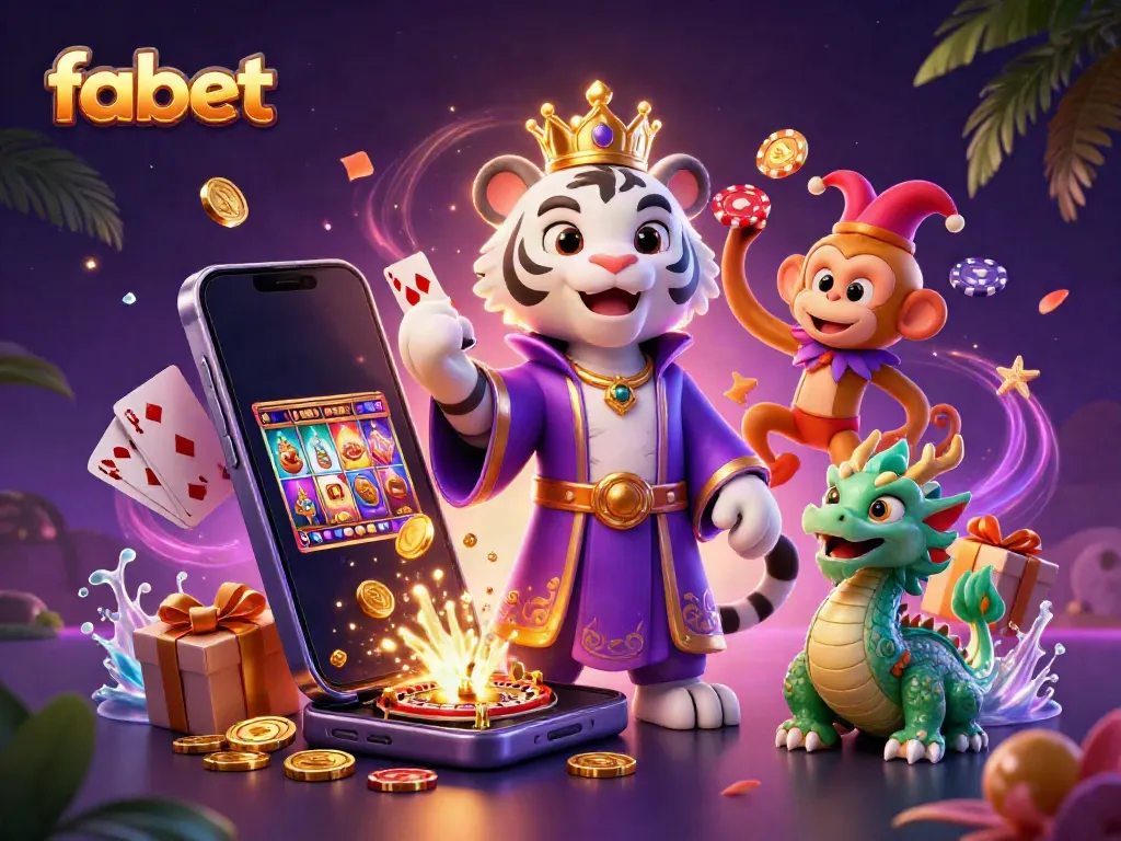 Experience fabet's vibrant casino world with a white tiger, monkey, and dragon amidst thrilling game elements.