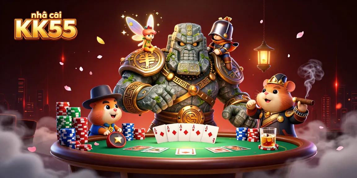 Engage with the exhilarating world of nhà cái KK55 featuring a dynamic casino scene with characters and poker elements.
