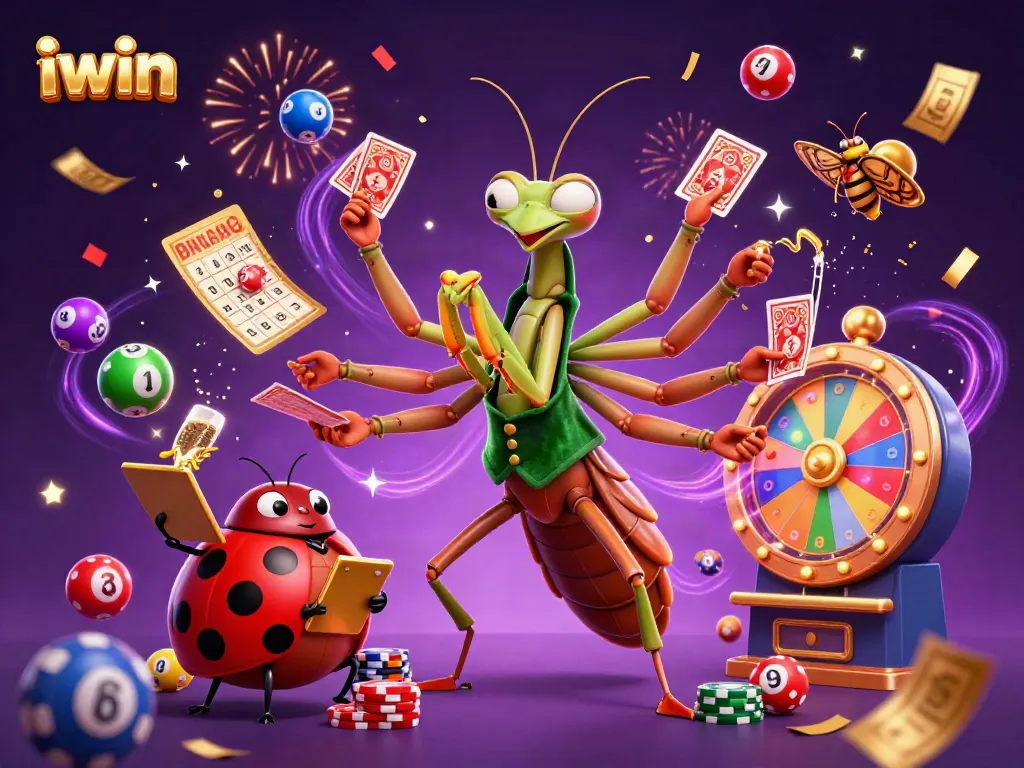 Experience thrilling iwin gaming with a praying mantis card sharp and a ladybug pit boss in a lively casino.
