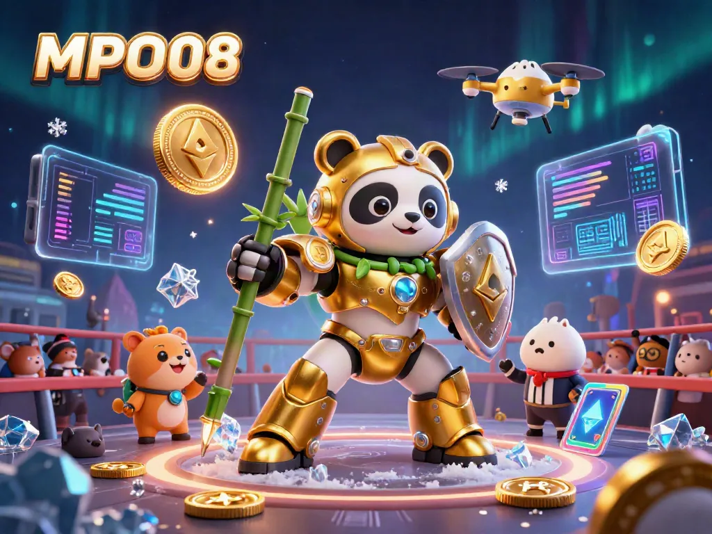 MPO08 features a golden panda in a mech suit amidst a vibrant casino arena, showcasing blockchain and crypto elements.