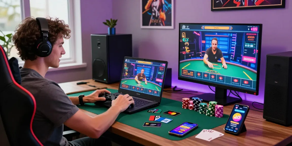 Engaging player in online gaming environment with credit card casinos promotions and vibrant setup.