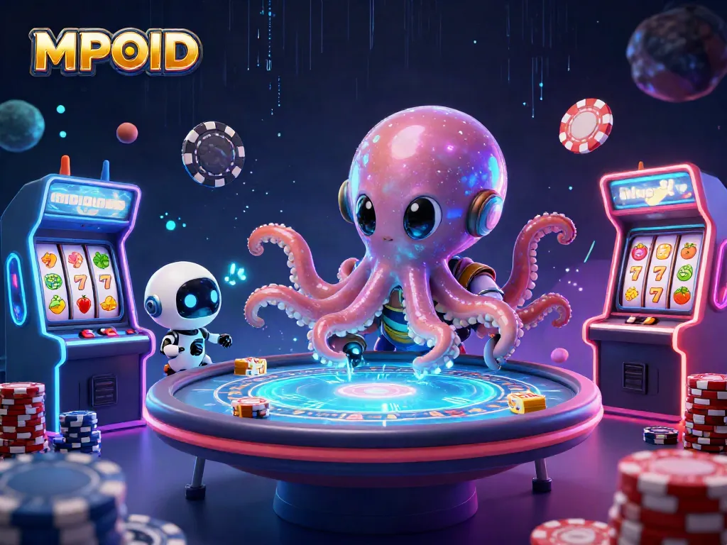 MPOID alien octopus playing poker at a holographic table, surrounded by vibrant casino game elements
