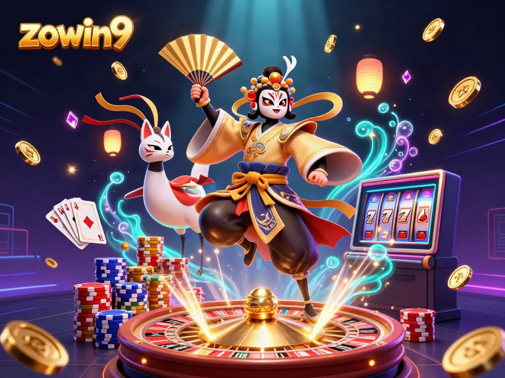 Experience thrilling gaming at zowin9 with a colorful casino scene featuring characters and glittering coins.