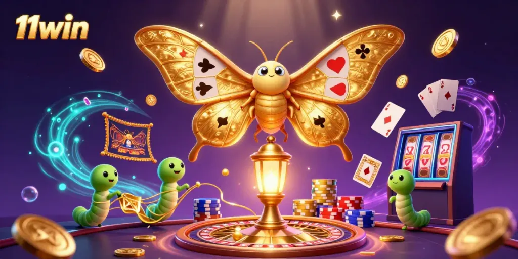 Experience the thrill of 11win with a vibrant casino scene featuring a golden moth and sparkling game elements.
