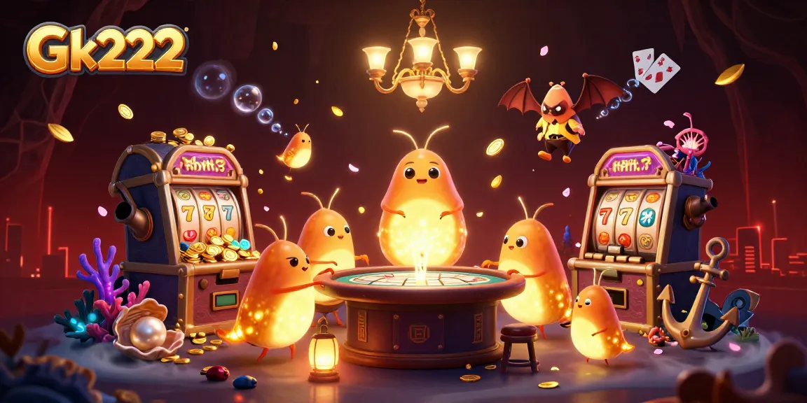 Gk222 invites players to a dynamic cave casino experience with glowing elements and exciting slots.