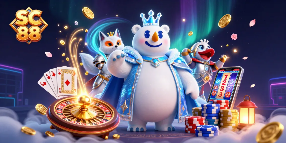 Experience the thrill of SC 88 with playful characters and vibrant casino elements in this 3D illustration.