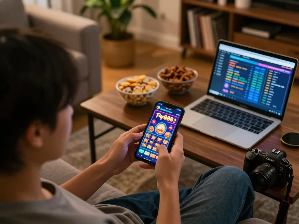 Player engaging with fly888 app on smartphone, surrounded by snacks in cozy living space.