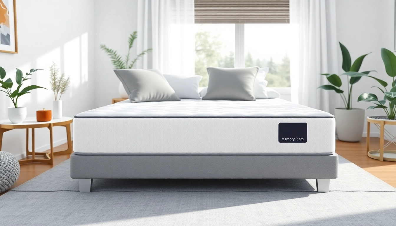 Showcasing a memory foam mattress in a serene bedroom, emphasizing comfort and design.