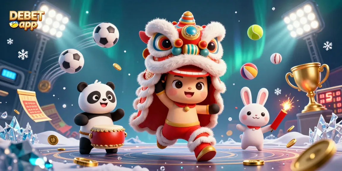 Experience the thrill of the DEBET app with dynamic sports and festive characters in a vibrant casino scene.