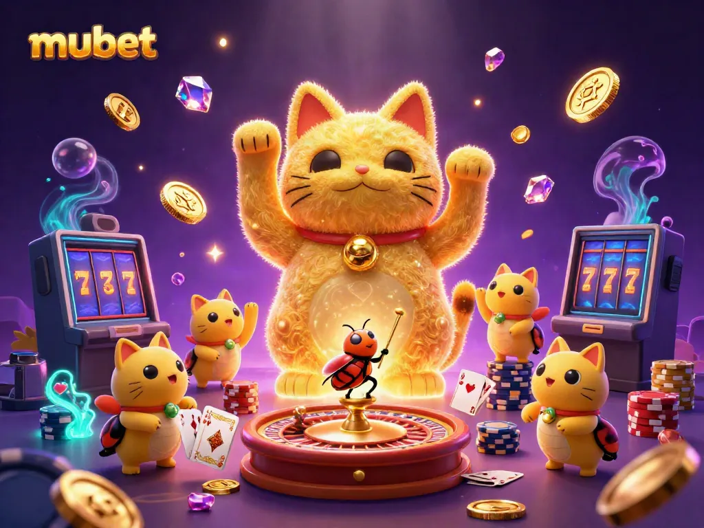 Experience excitement with mubet's dynamic illustration featuring a lucky cat and casino symbols.