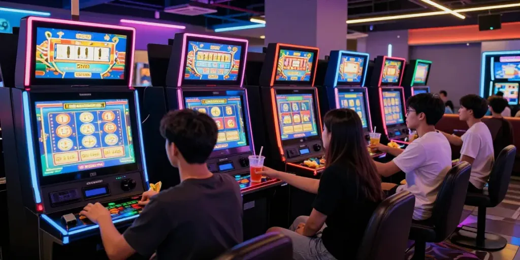 High-energy gaming lounge scene highlighting bro138 slot excitement with players engaged in games.