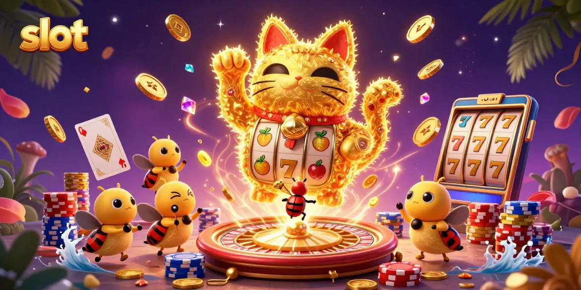 Spin the slot reels alive with a giant lucky cat made of fireflies in a vibrant casino scene.