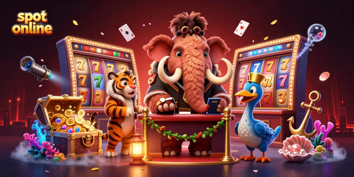 Experience thrilling slot online entertainment with cartoon mammoth bouncer, saber-tooth tiger, and vibrant game elements.