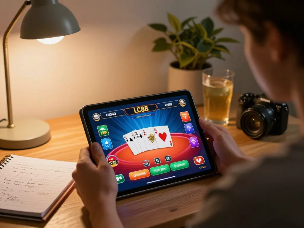 Person strategizing while playing LC88 poker on a tablet in a cozy home setting.