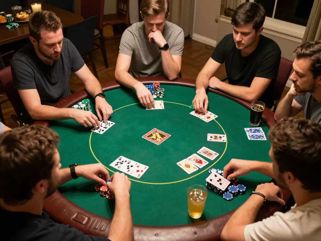 Engaged players enjoying a poker game at home, showcasing qq88 strategies and social competitive spirit.
