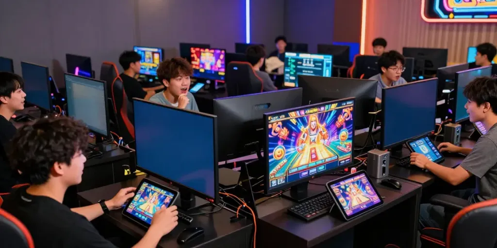 Engaged players enjoying the qqmacan slot gaming experience in a vibrant gaming lounge.