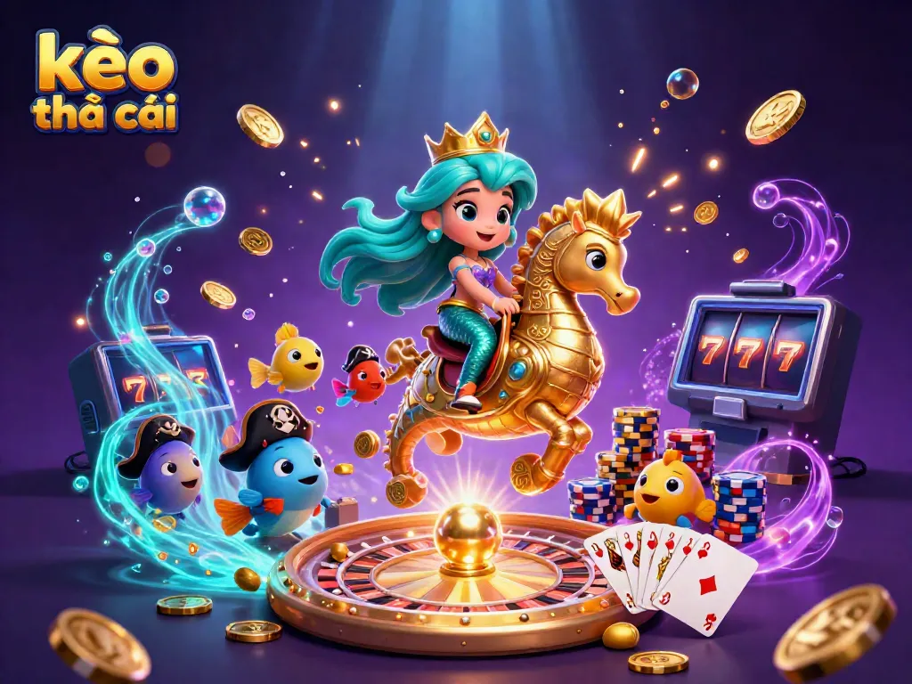 Experience the excitement of kèo nhà cái with a vibrant underwater casino scene featuring a mermaid princess and rolling golden coins.
