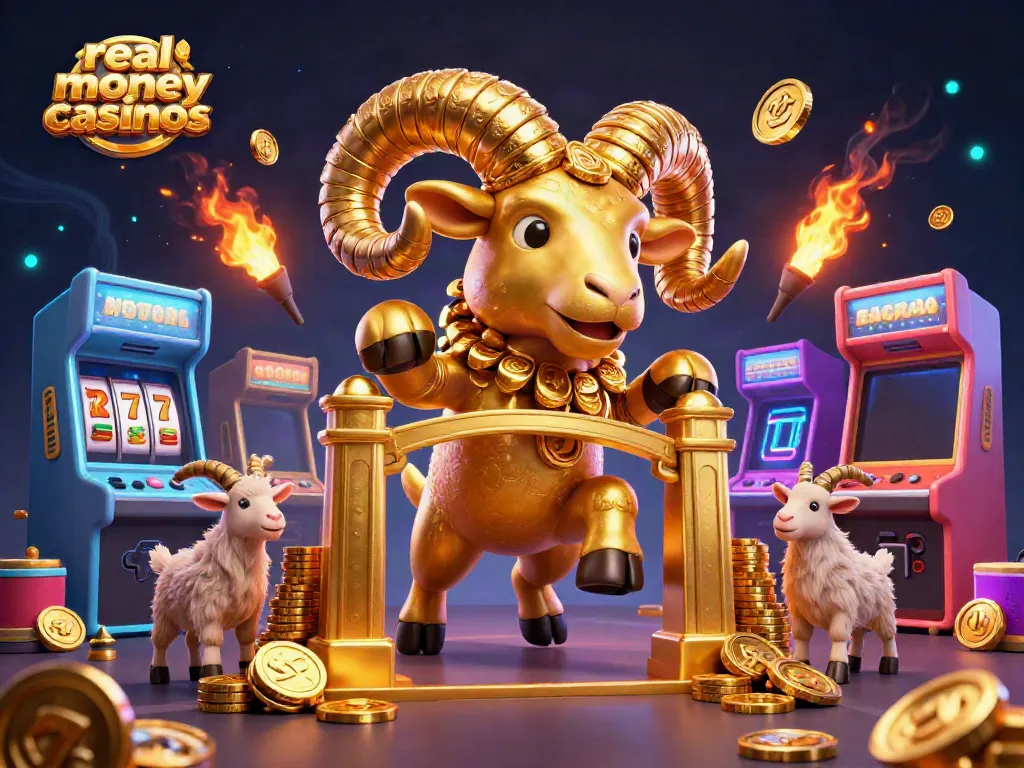 Experience thrilling gameplay at real money casinos with this animated illustration of a golden ram charging through a golden gate.