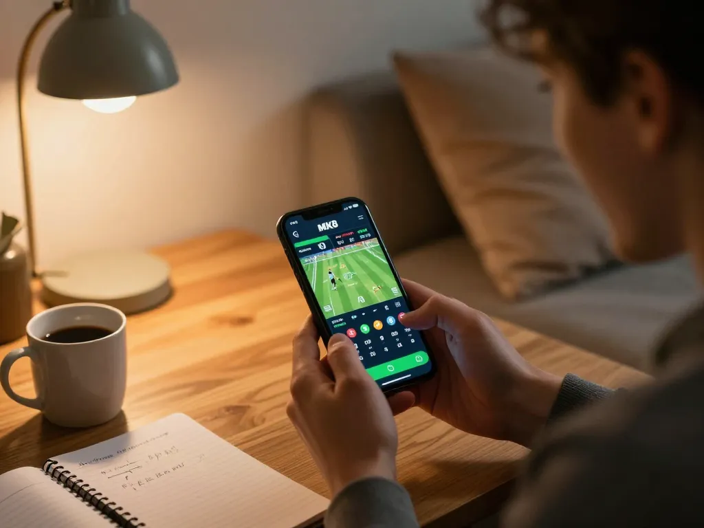 Engaging with the MK8 betting app at home, analyzing game odds for sports betting excitement.