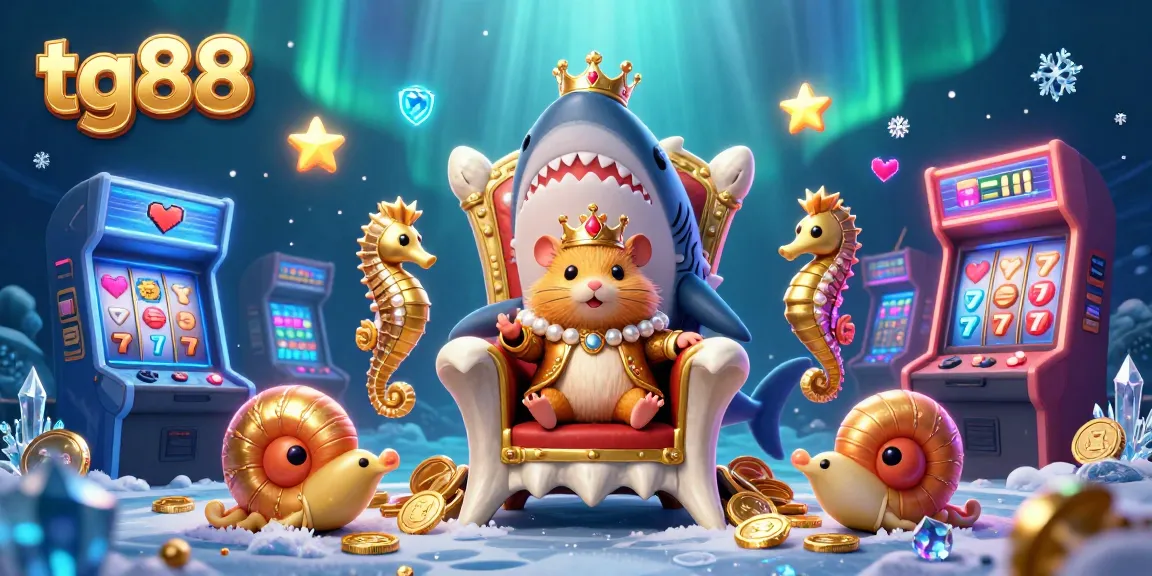 Experience tg88 gaming excitement with a hamster king, arcade machines, and slot elements in a vibrant 3D scene.