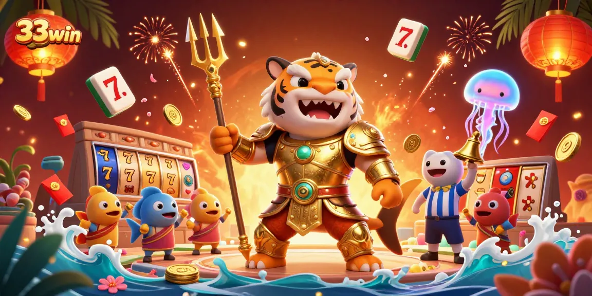 Engage with thrilling games at 33win, featuring majestic shark gladiators and dynamic slot reels.