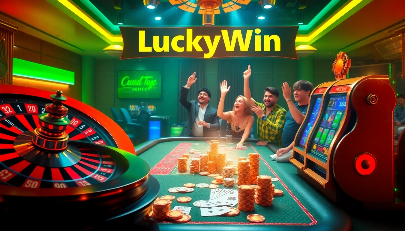 Players enjoying a thrilling game at LuckyWin casino with vibrant slot machines and roulette.