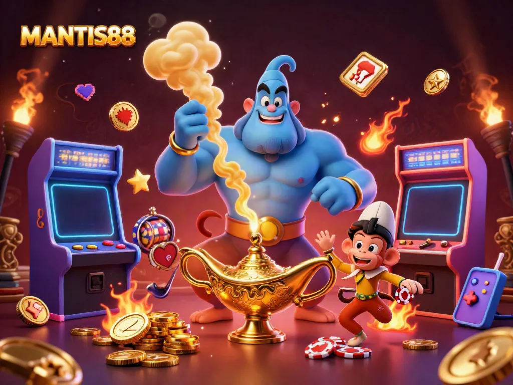 MANTIS88 features a genie and monkey in a vibrant casino scene with arcade elements and gambling icons.