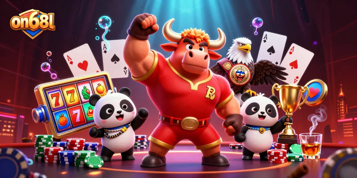 Watch on68l's animated slot reels and jackpot action with vibrant characters in a casino setting.