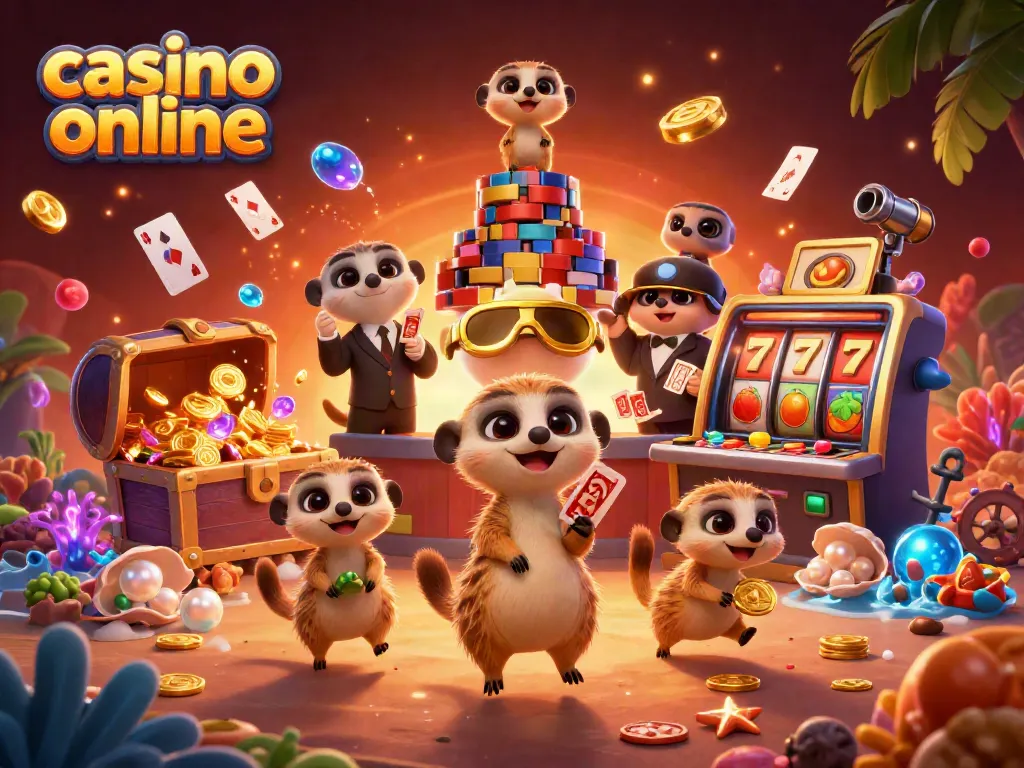 Jugar en casino online con divertidos personajes de suricatas en acción, rodeados de emocionantes tragamonedas y tesoros.