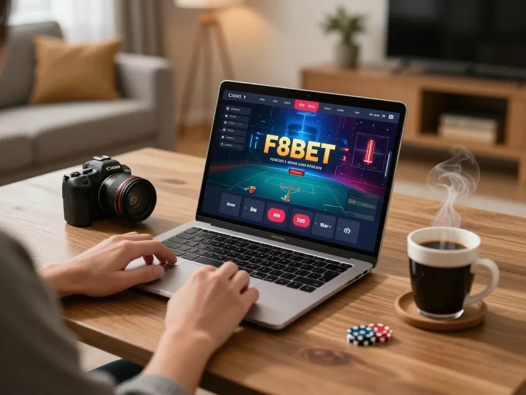 Engaging with F8BET on a laptop in a cozy online gaming environment, highlighting strategic play.
