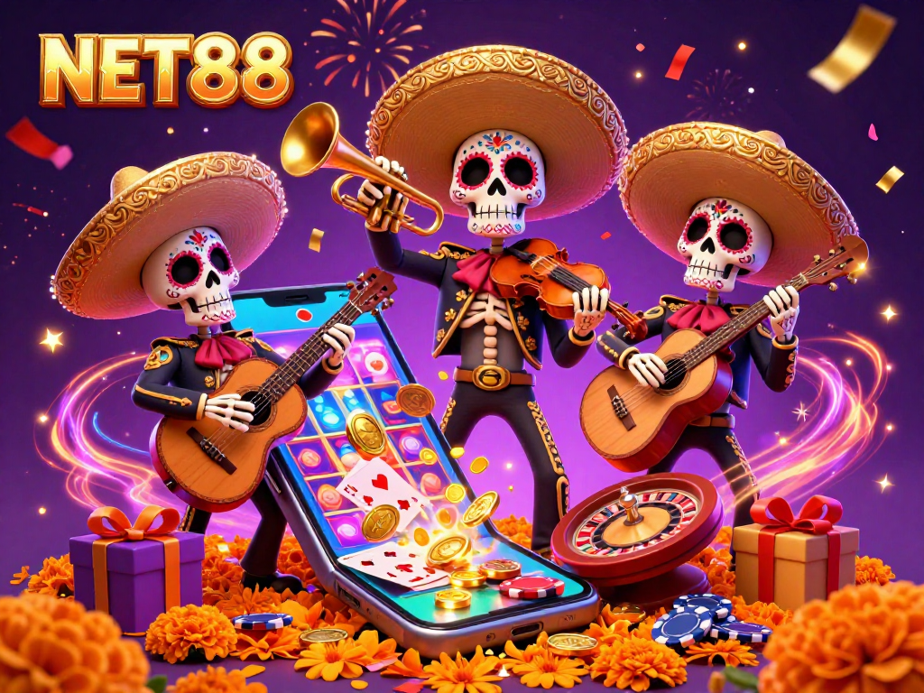 NET88 offers thrilling slot action with dynamic Dia de los Muertos mariachi characters and casino elements.
