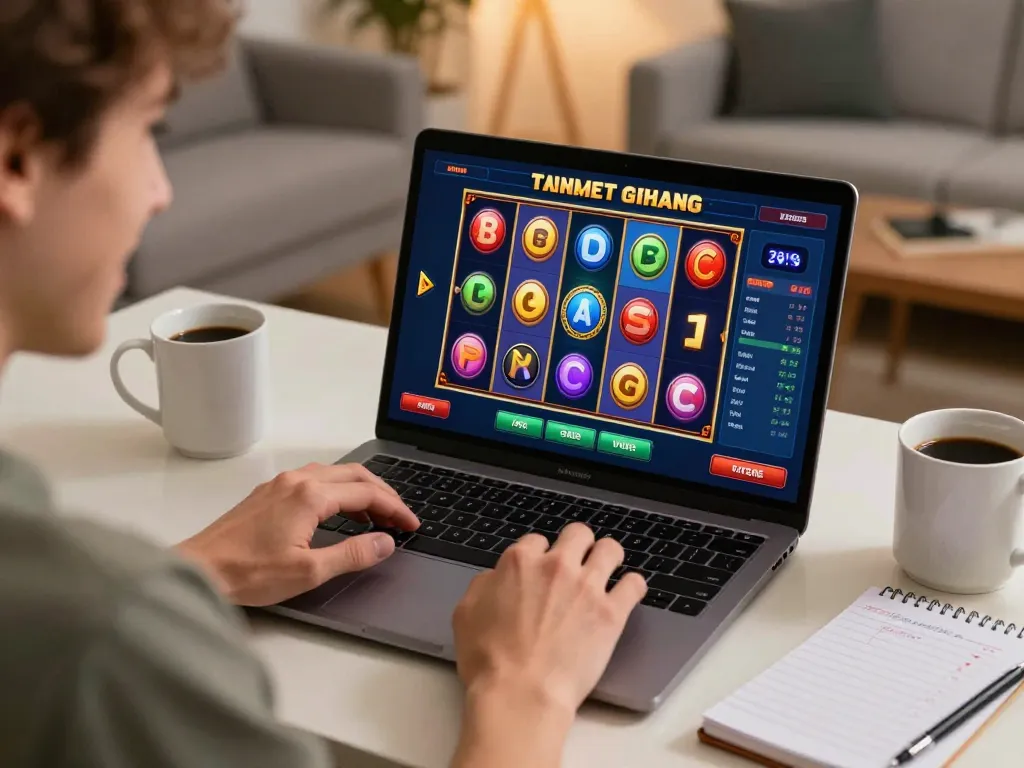 Engaging in slot gameplay online, showing excitement at potential wins during a home gaming session