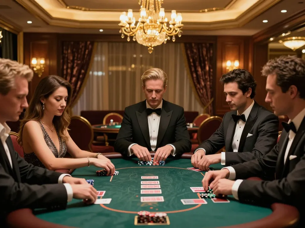 Players enjoy an upscale poker game in the VIP area at LC88 casino, showcasing luxury and strategic play.