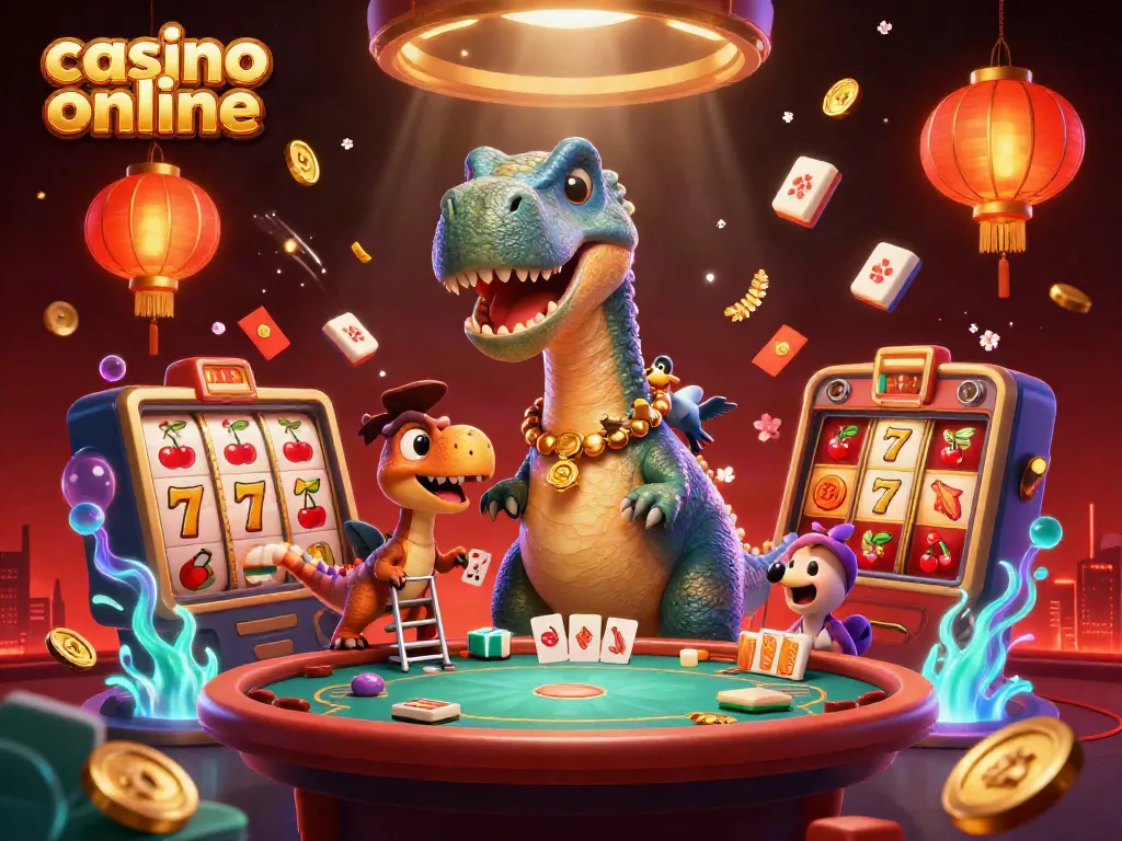 Gioca nei migliori casino online con un brontosauro gigante che osserva un tavolo da poker.