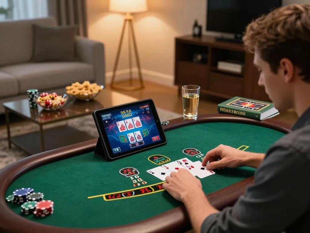 Player enjoying live dealer blackjack on a tablet at home, showcasing the engaging experience of rik vip online gaming.