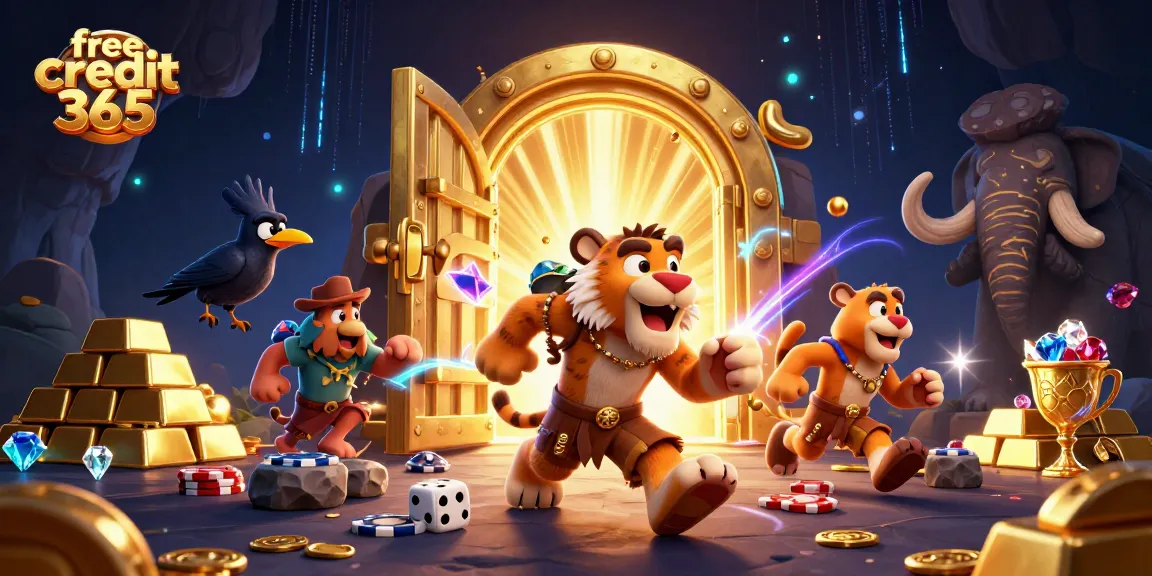 Win big with free credit 365 at a vibrant prehistoric casino featuring unique characters and exciting game elements.