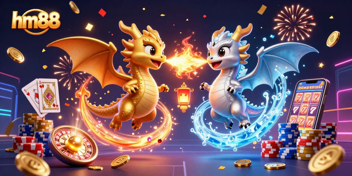 Experience excitement at hm88 with gold and silver dragons amidst casino elements in a vibrant gaming scene.