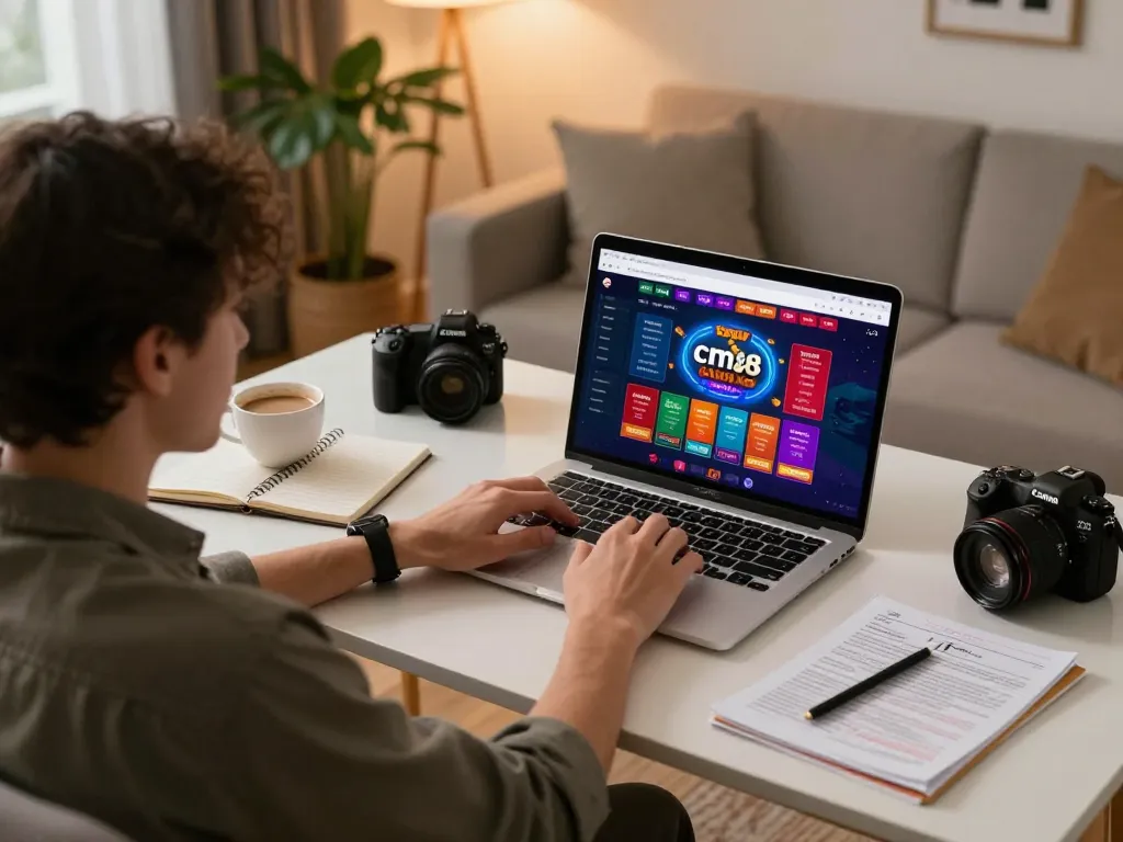 Player engaging in online casino gaming at cm88 with strategy notes and warm home atmosphere